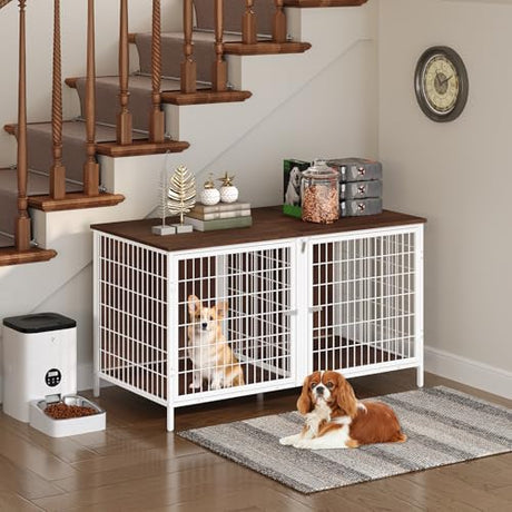 MAHANCRIS Dog Crate Furniture for 2 Dogs, 43.3" Dog Kennel with Removable Divider, Heavy Sturdy Dog Furniture Style Double Cage for Small Medium Dogs, Indoor Pet House End Table, White and Walnut MAHANCRIS
