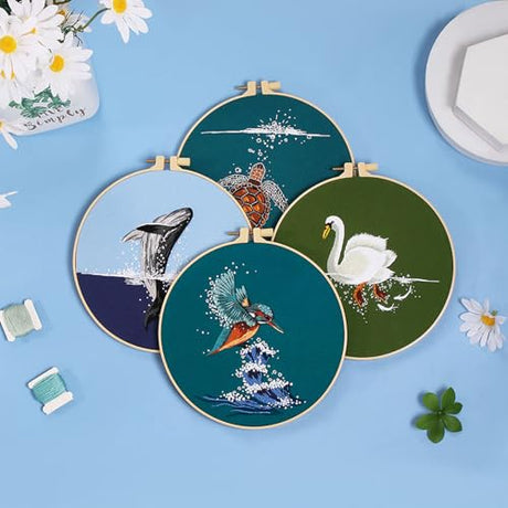 Picoey Embroidery Kit for Beginners with Animal Pattern and Instructions,4 Pack Cross Stitch Kits,2 Wooden Embroidery Hoops,Threads and Needles,Needlepoint Kit Picoey