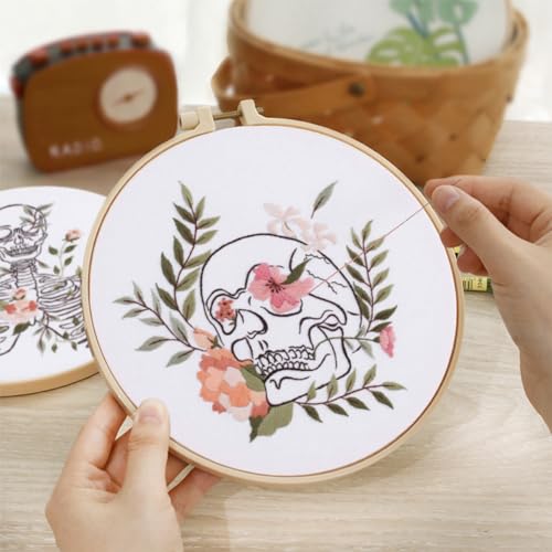 Yangshine 2 Sets Human Anatomy Embroidery Kit for Beginners,Flower with Skull Patterns Cross Stitch Kits,Including Embroidery Hoops, Fabric,Color Threads,Needles,Instructions and Tool Kit