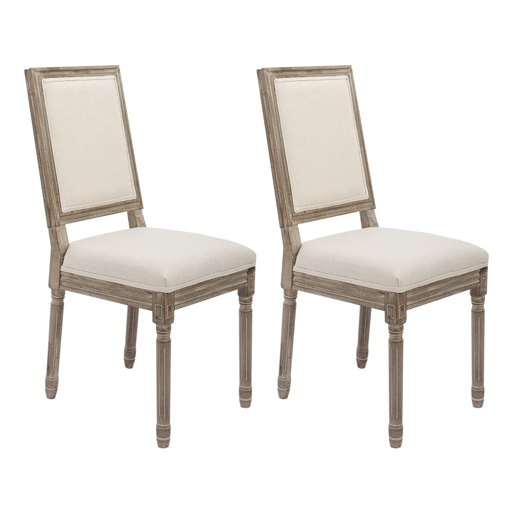 CangLong Farmhouse Dining Room Accent Chairs, Modern Distressed Bedroom Chairs with Square Back, Elegant Kitchen Chairs Side Chair, Set of 2, Fabric Back in Beige CangLong