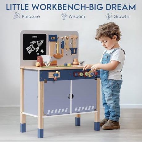 ROBUD Wooden Toy Workbench, Large Kid's Wooden Play Tool, Pretend Play Creative Building Set, Construction Workshop Tool Bench Toys, Gift for Girls & Boys, 3+ ROBUD