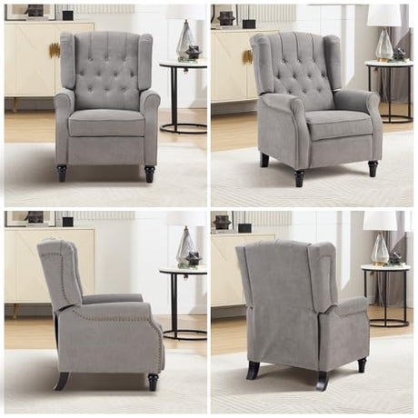 EBELLO Push Back Recliner Chair, Fabric Accent Chair Pushback Recliner with Rivet Decoration, Button-Tufted Back, Mid Century Wingback Armchair for Living Room, Bedroom, Grey EBELLO