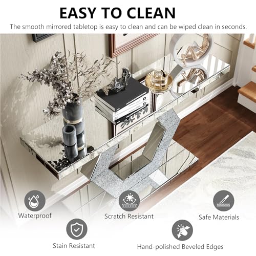 Mcltopz 55" Silver Mirrored Console Table, Rectangle Sofa Table with Sparkling Crystal Hexagon Base, Modern Luxury Mirrored Furniture with with Diamond Glass Effects for Entryway Hallway Entrance Mcltopz