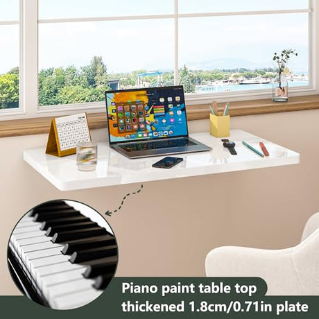 Clikuutory Wall Mounted High Gloss Folding Table, Wall Desk Fold Down for Small Spaces, Folding Workbench for Laundry Room, Home Office, Kitchen, Bedroom, Home Bar, White (31.5"×15.7") Clikuutory