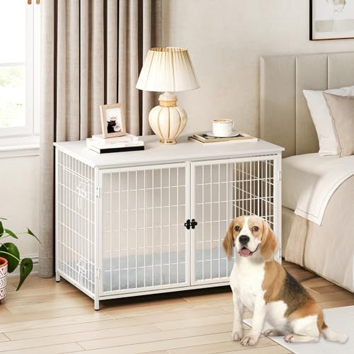 MAHANCRIS Dog Crate Furniture with Cushion, Wooden Dog Kennel with Double Doors, Heavy Duty Dog Cage for Small/Medium/Large Dogs, Indoor Dog House End Table, 39.4" L, White DCBW10701 MAHANCRIS