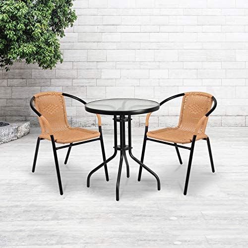 EMMA + OLIVER 2 Pack Beige Rattan Indoor-Outdoor Restaurant Stack Chair with Curved Back EMMA + OLIVER