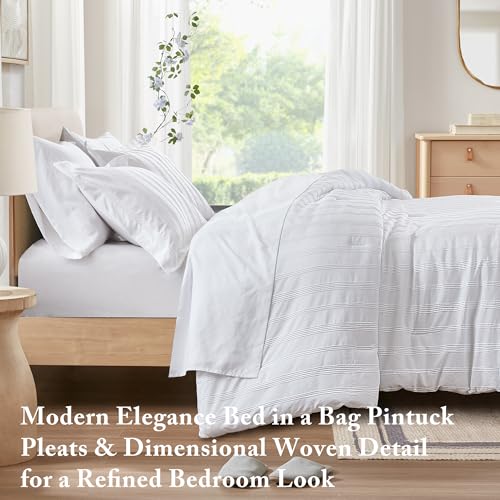 Madison Park Essentials Striped Comforter Set Twin XL, 5 Pieces Modern Minimalist Jacquard Bedding Set for All Season, Bed in A Bag with Sheet Set and Soft Brushed Reverse, Lightweight White Madison Park Essentials