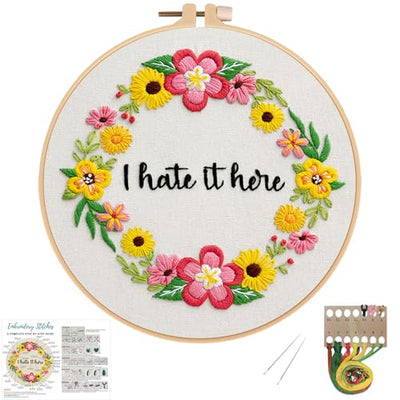 Nuberlic Floral Embroidery Kit for Beginners Cross Stitch Kits- Complete Starter Set with Hoop, Pre-Printed Fabric, Threads & Needles