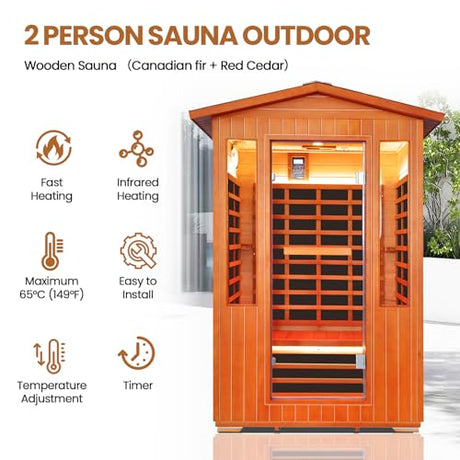 Outdoor Sauna 2 Person Sauna Infrared Saunas Dry Sauna Room 2080W/110V Low EMF Outer Board Red Cedar/Inner Board Fir Wood, Oxygen Bar, Speaker, LCD Control Screen, LED Lights - 48.8*38.2*81.9 in HOSAUNA