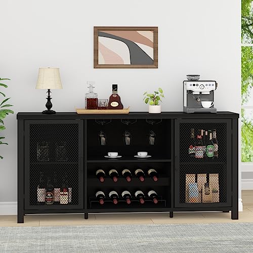Launica Black Wine Bar Cabinet, Coffee Bar Cabinet with Storage, Farmhouse Kitchen Buffet Cabinet with Rack for Liquor and Coffee, Industrial Wine Cabinet for Home Living Dining Room, Black Oak, 55 In Launica