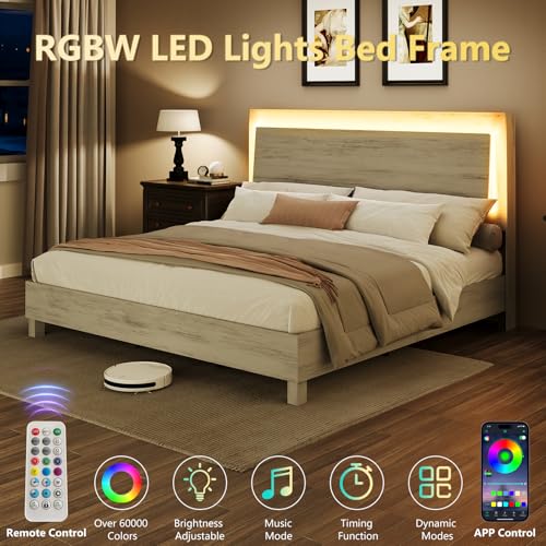 LUXOAK King Size Wood Bed Frame with RGBW LED Light, Mid-Century Modern Platform Bed with Floating Headboard and Solid Wood Legs, No Box Spring Needed, Easy Assembly, Distressed White LUXOAK