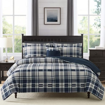 MaiRêve Full Size Comforter Set Navy Blue, Plaid Design Comforter Set 7 Pieces, All Season Comfortable Bedding Sets Full, Lightweight, Soft and Warm (Navy Blue, Full)