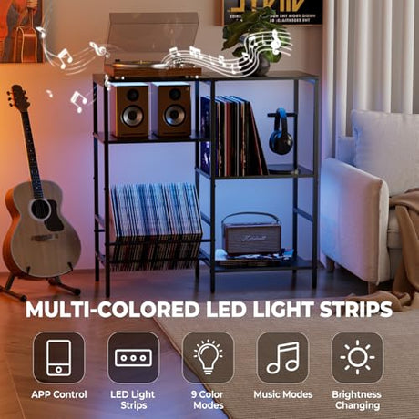 Record Player Stand with LED Light, Turntable Stand with Vinyl Storage - Up to 300+ Albums, 3-Tier Record Player Table Cabinet, Adjustable Shelf & V-Shaped Holder, Vinyl Display Shelf for Living Room Nidouillet