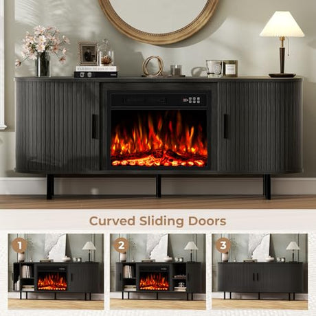 BREEZEHEAT 65'' Mid Century Modern Fluted TV Stand with 23" Fireplace, Curved Fireplace Entertainment Center for TVs Up to 75 Inches, Black Media Console Cabinet for Living Room BREEZEHEAT