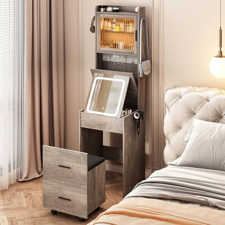 Karl home 3 in 1 Vanity Desk with Fold-up Panel Lighted Mirror, Small Vanity Table Set with Hidden Storage Stool Charging Station for Bedroom, Compact Corner Vanity Set with Storage Cabinet, Gray Karl home