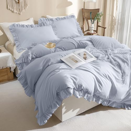 Sanracie Ruffled Bedding Comforter Sets King Size, Cotton Comforters Set 3Pcs for All Season Cornflower Blue Shabby Boho Chic Bedding French Country Farmhouse Rustic Aesthetic Bedroom Sets Sanracie