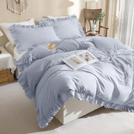 Sanracie Ruffled Bedding Comforter Sets King Size, Cotton Comforters Set 3Pcs for All Season Cornflower Blue Shabby Boho Chic Bedding French Country Farmhouse Rustic Aesthetic Bedroom Sets Sanracie