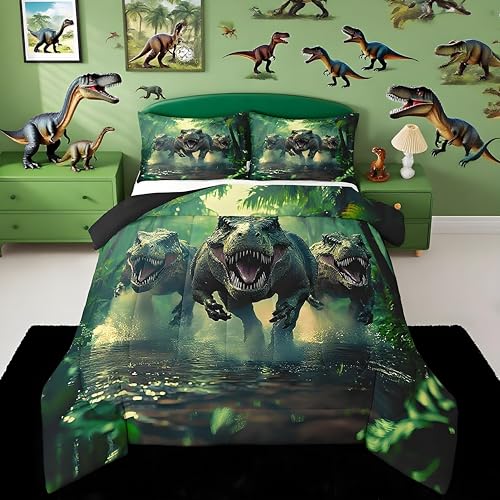 Feelyou Kids Dino Comforter Set Twin Size for Boys Green Dinosaur Bedding Soft Microfiber Dino Bed Set All Season Dinosaur Duvet Quilt with 1 Comforter + 1 Pillowcase Feelyou