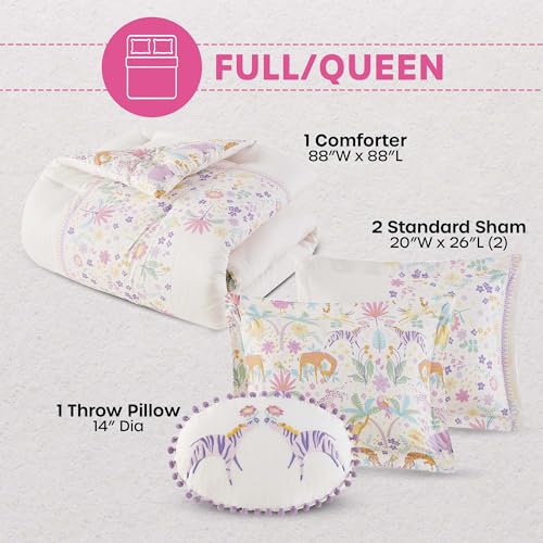Intelligent Design Kids Queen Comforter Set, Favorite Jungle Animals Fun Safari Adventures Print, BCI Cotton, All Seasons Down Alternative Bedding, Sham & Pillow, Lulu, Full/Queen Purple 4 Piece Intelligent Design