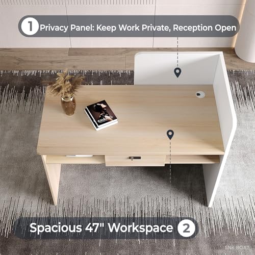 SNKBOAT Small Reception Desk, 47" Front Desks Reception Counter, Front Desk Counter with LED Lights, Lockable Drawer, Two-Tone Design, Privacy Panel, for Office, Salon, Store SNKBOAT
