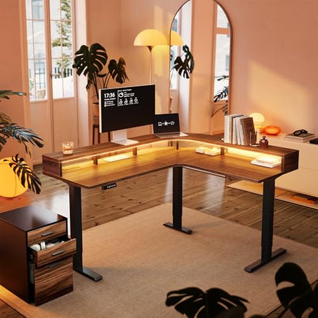 HUANUO Electric L Shaped Stadning Desk with LED Strip & Power Outrlets, 63" x 55" 2-Tier Height Adjustable Sit Stand up Desk with Power Strip Holder, Ergonomic Corner Computer Table, Walnut HUANUO