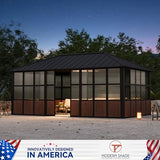 Modern Shade Clario Solarium 12'x20' Sunroom Hardtop Gazebo with TV Mount & Sliding Doors, Galvanized Steel Roof Screen House, Ventilation Design & Wood Grain Finish, All-Weather Aluminum Sun Room