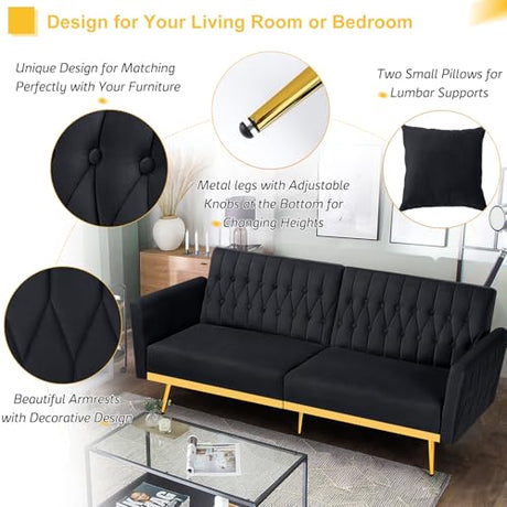 ACMEASE 70” Velvet Futon Sofa Bed with 2 Pillows and Adjustable Armrests, Convertible Sleeper Bed W/Adjustable Backrests, Modern Loveseat for Living Room, Bedroom, Black ACMEASE