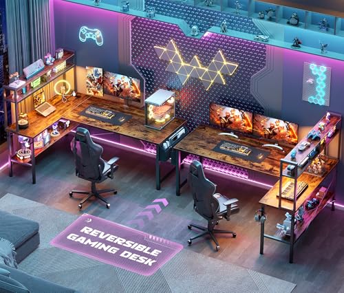 Aheaplus L Shaped Desk Gaming Desk, 59" L Shaped Computer Desk with LED Light & Power Outlet, Reversible Home Office Desk Gamer Desk with Shelves & Storage Bag & Hooks, Corner PC Desk, Rustic Brown Aheaplus