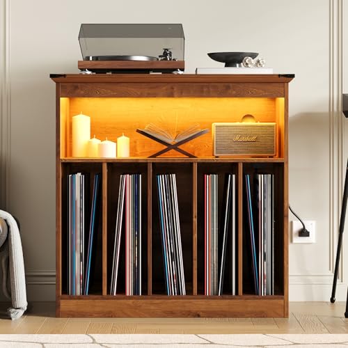 MHOM Farmhouse Large Record Player Stand with Power Outlets & LED Lights, Vinyl Record Stand hold up to 150 Albums, Turntable Stand for Living Room, Bedroom, Brown MHOM