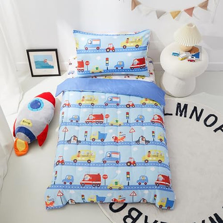PINNKKU 4-Piece Toddler Bedding Set, Includes 1 Flat Sheet, 1 Fitted Sheet, 1 Comforter and 1 Reversible Pillowcase, Standard Toddler Comforter & Sheet Set, Ultra Soft Toddler Bed Set, Cars & Road PINNKKU