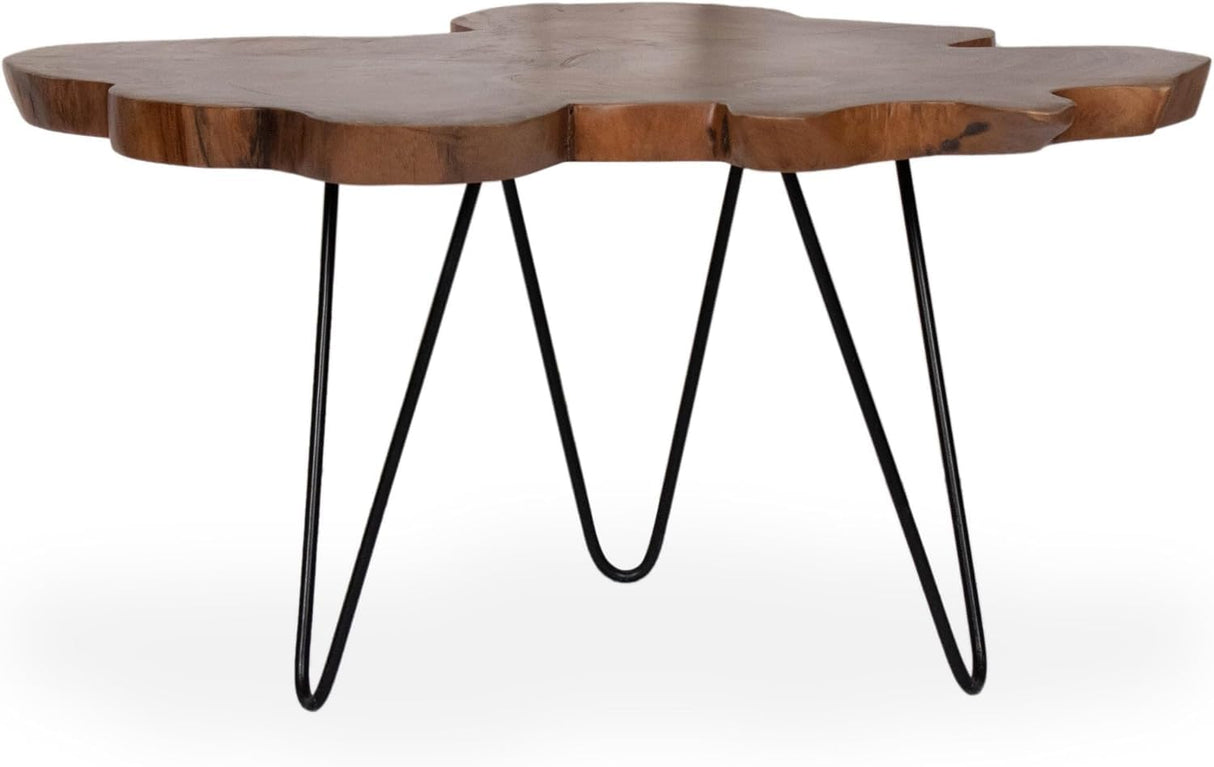 East at Main Live Edge Teak Wood Coffee Table, 31.5" Round, Natural Finish – Handcrafted Teak Wood Puzzled Together to Form a Unique Organic Accent Table for Rustic & Modern Decor East at Main