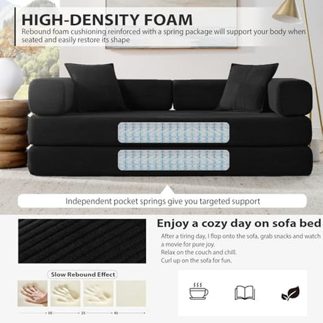 HANXIN 78 Inch Convertible Sleeper Sofa Bed, Folding Floor Mattress Couch with Fixed-Shape Frame, Futon Boneless Couch Lounge Loveseat with Pull Out Bed, No Assembly Required (Black) HANXIN