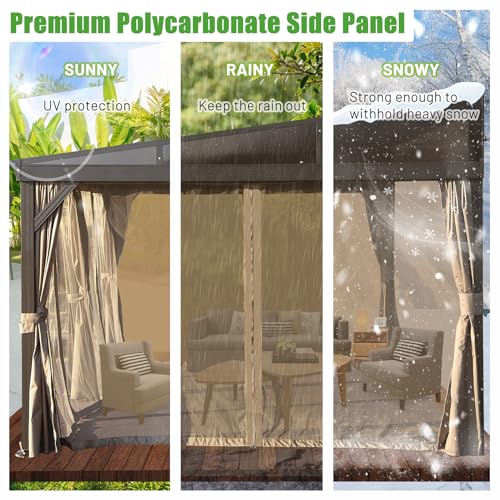 DOMI 12x14FT Lean to Gazebo, Outdoor Hardtop Wall Mounted Gazebo with Sloping Galvanized Steel Roof, Durable Aluminum Frame, Netting Curtain for Deck, Porch, Backyard domi outdoor living