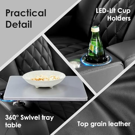 PBRO Home Theater Seating Top Grain Leather Recliner Chair, Movie Theater Chair Sofa with Power Reclining & Headrest USB Charger Ports Ambient Lighting, Black Single Seat for Home PBRO