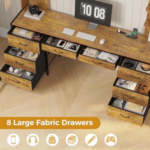 ADORNEVE Twin Loft Bed with Desk and 8 Storage Drawers, Metal Loft Beds Twin with LED Lights & Charging Sation, Storage Shelves & Clothes Rail, Full-Length Guardrail,Rustic Brown ADORNEVE