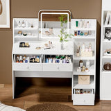 Oiroporz White Makeup Vanity Desk with LED Mirror & 5-Tier Sloped Shelves, 7 Open Storage Areas & 3 Drawers, Adjustable 3-Color Lighting Dressing Table Oiroporz