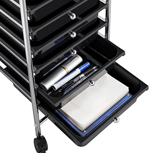 Yaheetech Rolling Cart Organizer Plastic Trolley with 10 Storage Drawers Utility Cart on Wheels Art Craft Organizer Ample Storage Space, Black Yaheetech