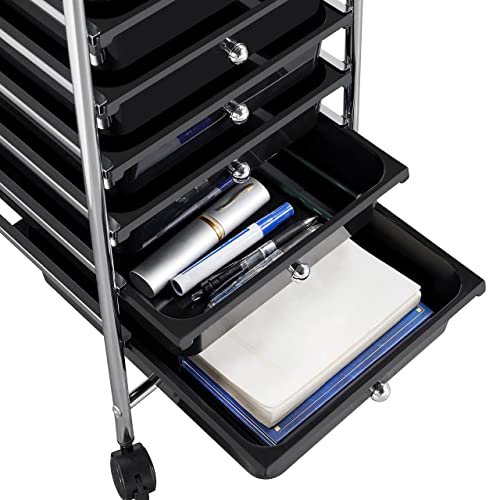 Yaheetech Rolling Cart Organizer Plastic Trolley with 10 Storage Drawers Utility Cart on Wheels Art Craft Organizer Ample Storage Space, Black - WoodArtSupply