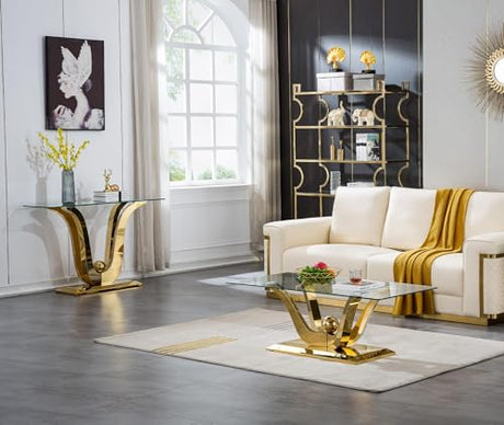 47" Glass Console Table, Long Narrow Tempered Glass Sofa Tables with Double U-Shaped Mirrored Stainless Steel Base, 47 inch Modern Console Tables Luxury Gold Entryway Table for Hallway, Living Room Kootlena