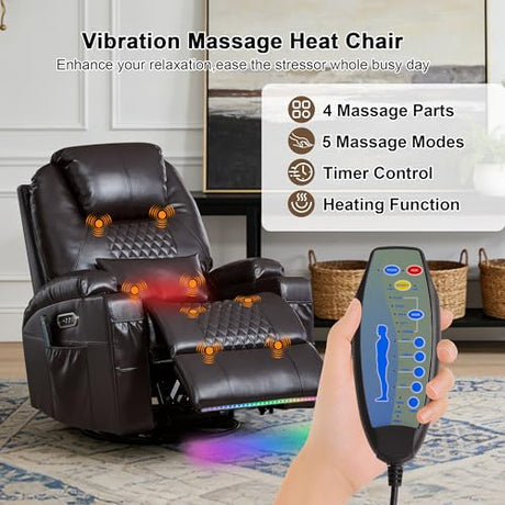 Dual Motor Power Swivel Rocker Recliner Chair for Adults with Heat and Massage,Electric Wall Hugger Glider Rocking Recliner for Nursery Living Room with LED Lights,USB A&C Ports(Brown, Single) DUNELLA