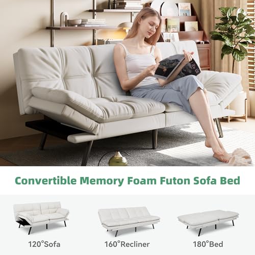 Opoiar 71" L Covertible Futon Sofa Bed,Faux Leather Futon Couch, Memory Foam Modern Loveseat Sleeper, Small Splitback Sofa Couches for Living Room,RV,Home Office,Apartment,White Opoiar