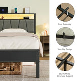 Z-hom Storage Headboard with Charging Station Twin Bed Frame, LED Bed with Upholstered Headboard and Footboard, Metal Platform Bed with 2-Tier Shelves, Easy Assembly, No Box Spring Needed, Noise Free Z-hom
