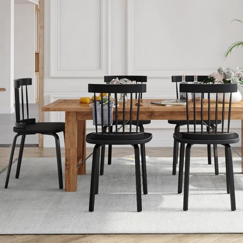 Unovivy Windsor Dining Chairs Set of 4, Wood Farmhouse Spindle Back, Widen Seat, Mid-Century Modern French Country Style, for Living Room Restaurant, Black