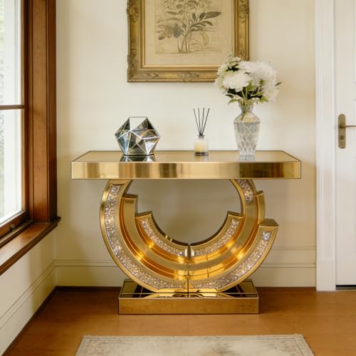 MELAABUU Mirrored Console Table, 42.9" Brown Rectangle Sofa Table with Sparkling Crystal 3C Shaped Base, Modern Luxury Mirrored Furniture with Diamond Glass Effects for Entryway Hallway Entrance MELAABUU