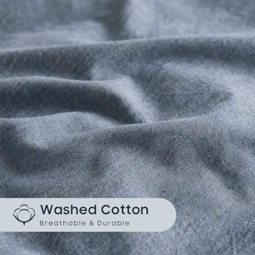 Wake In Cloud - Cotton Duvet Cover Set, Queen Size, Chambray Denim Blue, 100% Washed Cotton, Linen Like Textured, Breathable Percale Durable Comfy Farmhouse Neutral Bedding Set, 3 Pieces Wake In Cloud