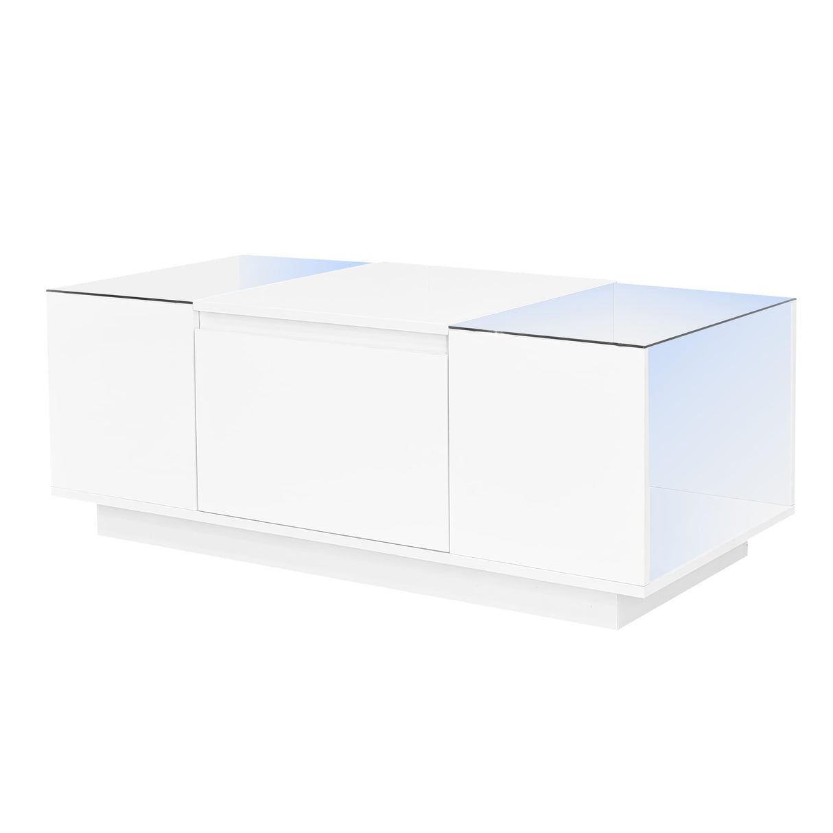 Merax Led Coffee Table with Open Storage Compartment and 2 Hidden Drawers, Modern Center Table with High-Gloss Finish and Glass Tabletop for Living Room, White Merax