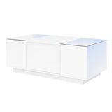 Merax Led Coffee Table with Open Storage Compartment and 2 Hidden Drawers, Modern Center Table with High-Gloss Finish and Glass Tabletop for Living Room, White Merax