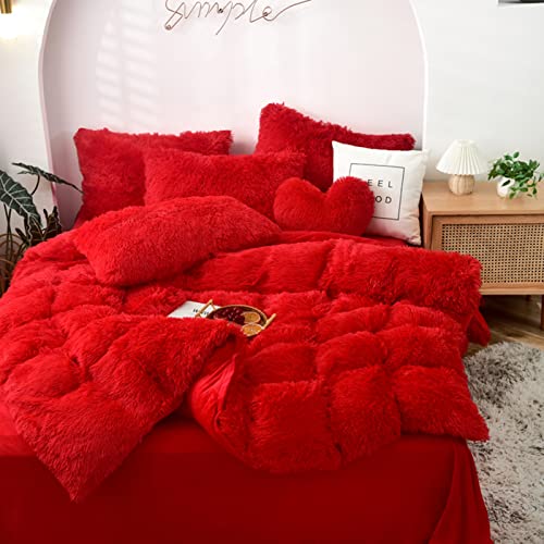 MorroMorn 5 PCS Shaggy Duvet Cover Bedding Set - Long Faux Fur Luxury Ultra Soft (Red, Full/Queen) MorroMorn