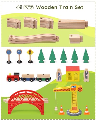 SainSmart Jr. Wooden Train Set for Toddler, 41pcs Wood Train Track w/Crane Fits Brio, Thomas, Melissa and Doug, Kids Wood Toy Train for Kids Ages 3+ - WoodArtSupply