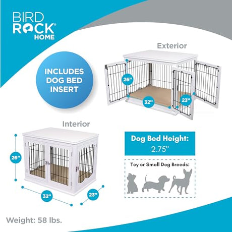 INTERNET'S BEST Decorative Dog Kennel with Pet Bed, Small Pet House, Double Door Indoor Crate, Engineered Wood & Wire Furniture, Side Table & Nightstand, Fits Small Dogs - White Internet's Best